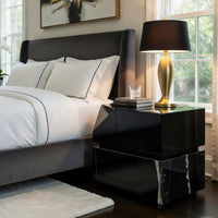 Ishi Side End Table, Faceted Marble Grain, Black Mirrored Glass 24 Inch - BM351826