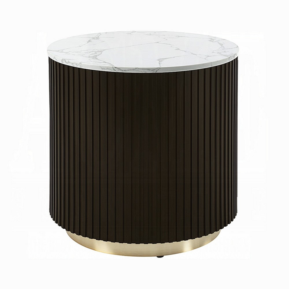 Jeh Side End Table, Faux Marble Top, Metal Trim, Fluted Brown Wood 20 Inch - BM351829
