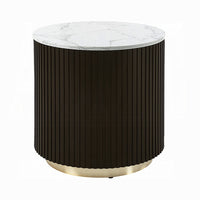 Jeh Side End Table, Faux Marble Top, Metal Trim, Fluted Brown Wood 20 Inch - BM351829