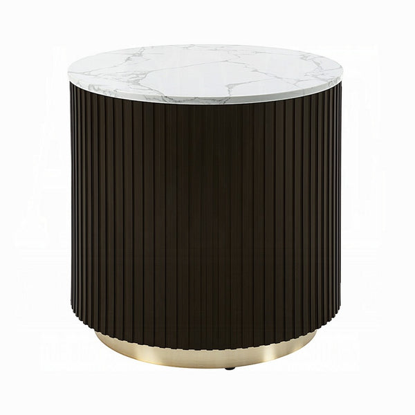 Jeh Side End Table, Faux Marble Top, Metal Trim, Fluted Brown Wood 20 Inch - BM351829