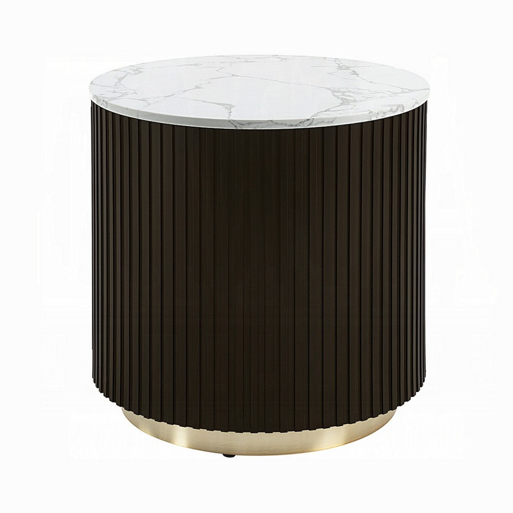 Jeh Side End Table, Faux Marble Top, Metal Trim, Fluted Brown Wood 20 Inch - BM351829