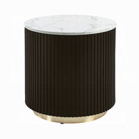 Jeh Side End Table, Faux Marble Top, Metal Trim, Fluted Brown Wood 20 Inch - BM351829