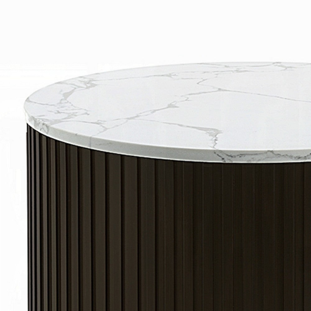 Jeh Side End Table, Faux Marble Top, Metal Trim, Fluted Brown Wood 20 Inch - BM351829