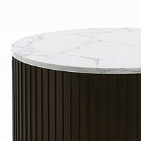 Jeh Side End Table, Faux Marble Top, Metal Trim, Fluted Brown Wood 20 Inch - BM351829