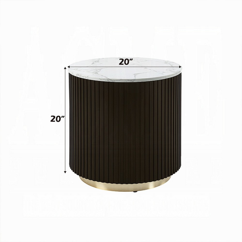 Jeh Side End Table, Faux Marble Top, Metal Trim, Fluted Brown Wood 20 Inch - BM351829