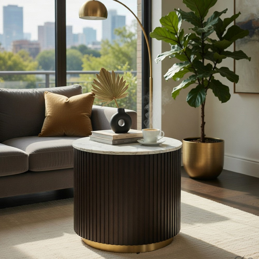 Jeh Side End Table, Faux Marble Top, Metal Trim, Fluted Brown Wood 20 Inch - BM351829