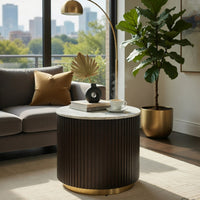Jeh Side End Table, Faux Marble Top, Metal Trim, Fluted Brown Wood 20 Inch - BM351829