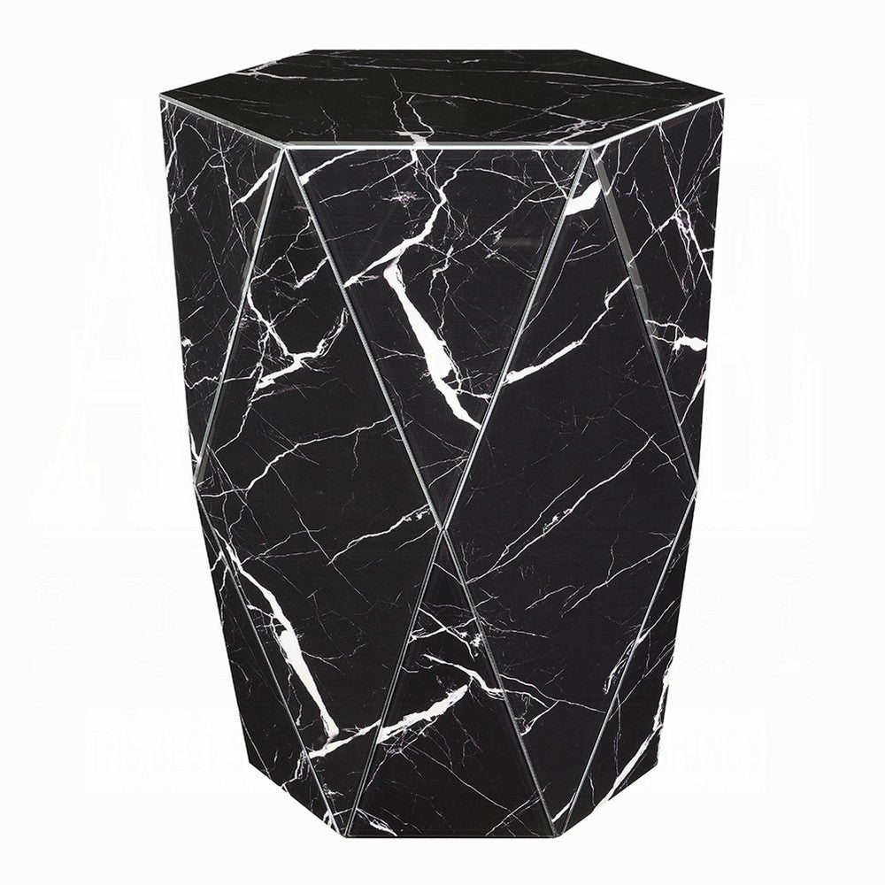 Kia Side End Table, Modern Hex Drum Shape, Faceted Black Glass 19 Inch - BM351832