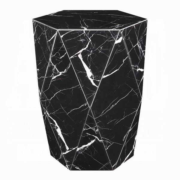 Kia Side End Table, Modern Hex Drum Shape, Faceted Black Glass 19 Inch - BM351832