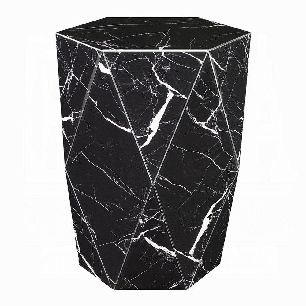 Kia Side End Table, Modern Hex Drum Shape, Faceted Black Glass 19 Inch - BM351832