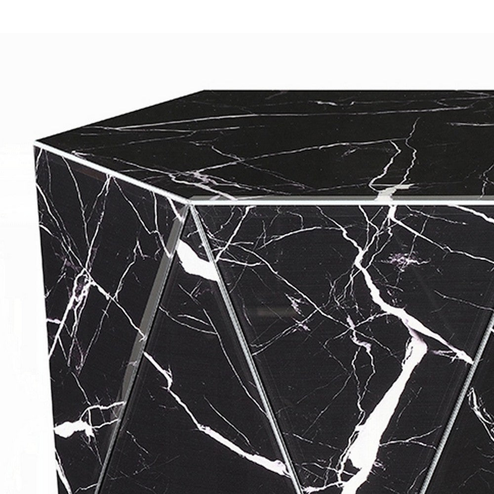 Kia Side End Table, Modern Hex Drum Shape, Faceted Black Glass 19 Inch - BM351832