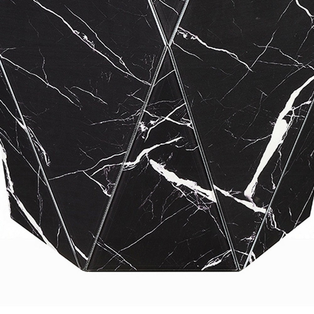 Kia Side End Table, Modern Hex Drum Shape, Faceted Black Glass 19 Inch - BM351832