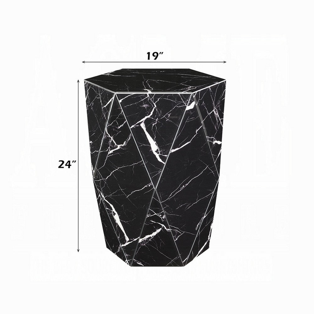 Kia Side End Table, Modern Hex Drum Shape, Faceted Black Glass 19 Inch - BM351832