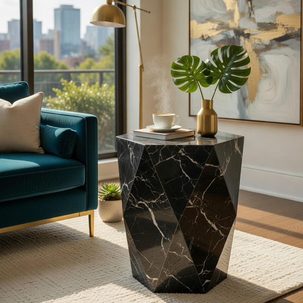 Kia Side End Table, Modern Hex Drum Shape, Faceted Black Glass 19 Inch - BM351832