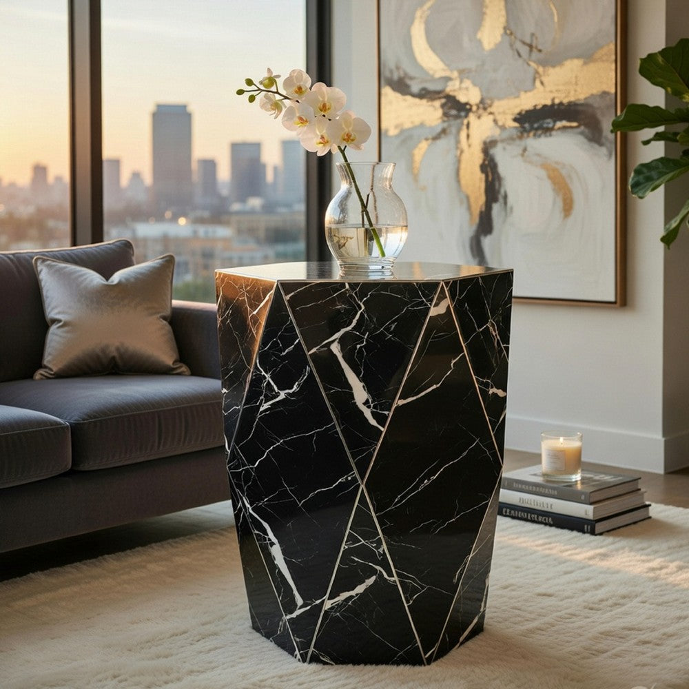 Kia Side End Table, Modern Hex Drum Shape, Faceted Black Glass 19 Inch - BM351832
