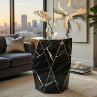 Kia Side End Table, Modern Hex Drum Shape, Faceted Black Glass 19 Inch - BM351832