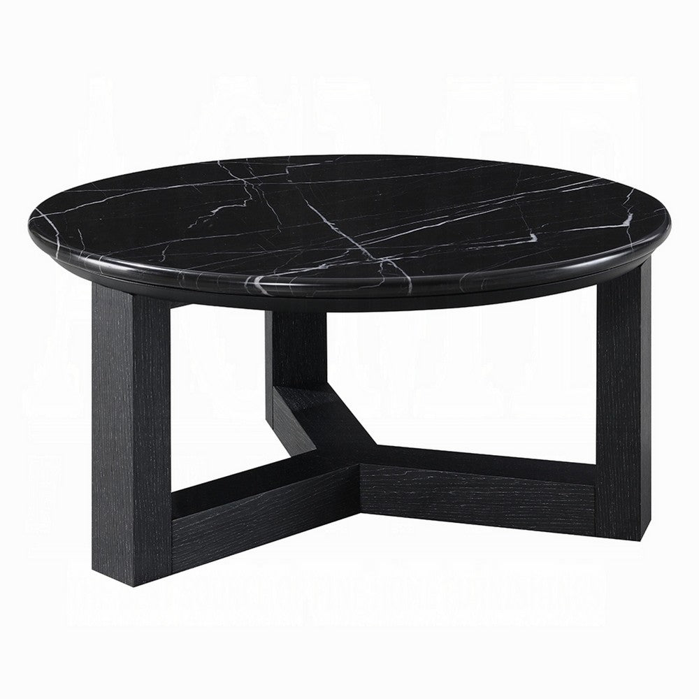 Kia Coffee Table, Round Marble Top, Three Leg Wood Base, Black 24 Inch - BM351833