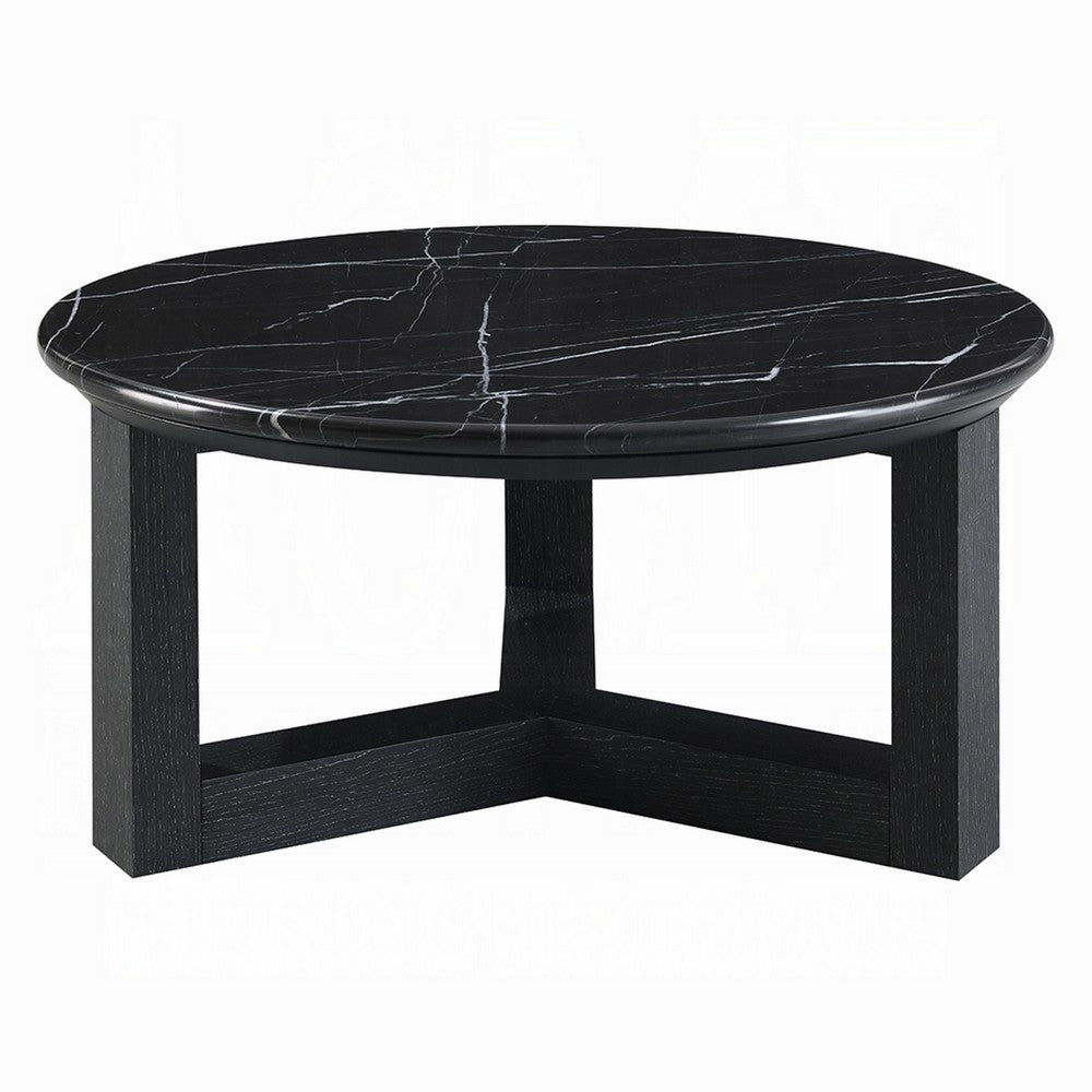 Kia Coffee Table, Round Marble Top, Three Leg Wood Base, Black 24 Inch - BM351833