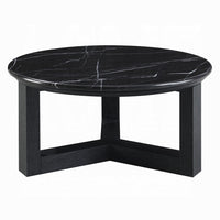 Kia Coffee Table, Round Marble Top, Three Leg Wood Base, Black 24 Inch - BM351833