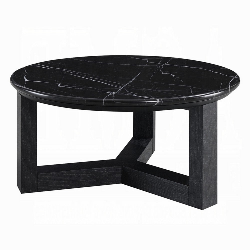 Kia Coffee Table, Round Marble Top, Three Leg Wood Base, Black 24 Inch - BM351833