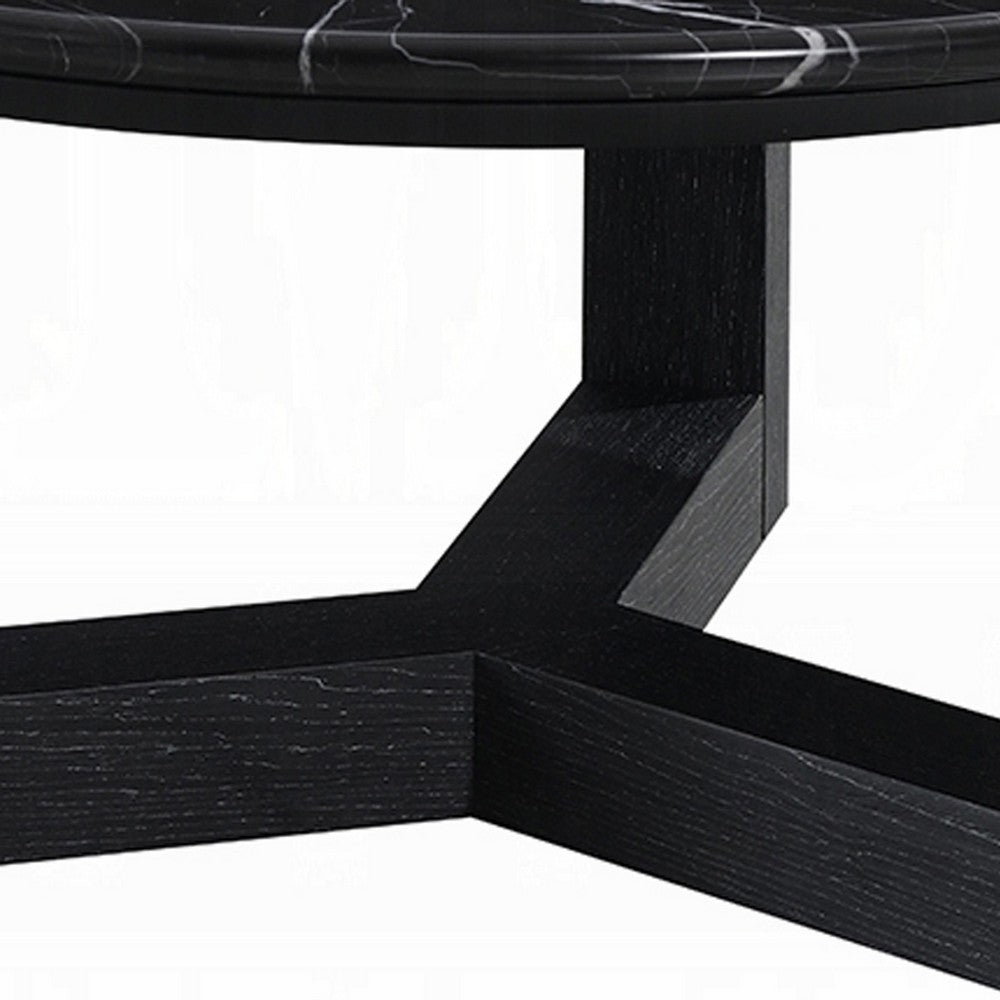 Kia Coffee Table, Round Marble Top, Three Leg Wood Base, Black 24 Inch - BM351833