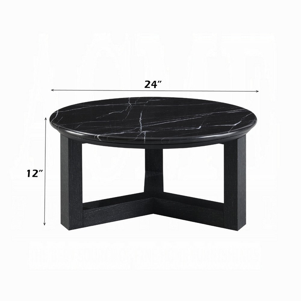 Kia Coffee Table, Round Marble Top, Three Leg Wood Base, Black 24 Inch - BM351833