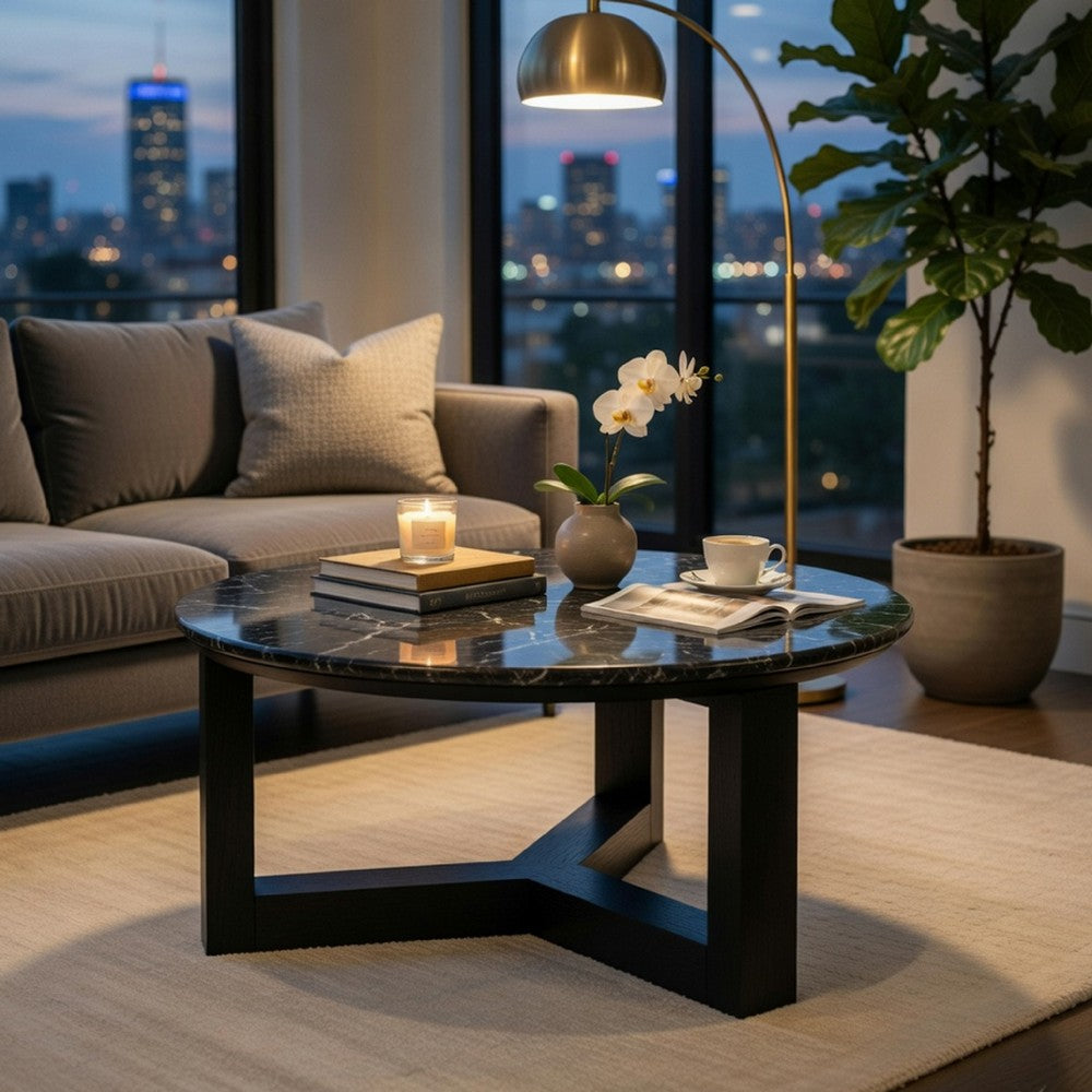 Kia Coffee Table, Round Marble Top, Three Leg Wood Base, Black 24 Inch - BM351833