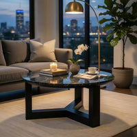 Kia Coffee Table, Round Marble Top, Three Leg Wood Base, Black 24 Inch - BM351833