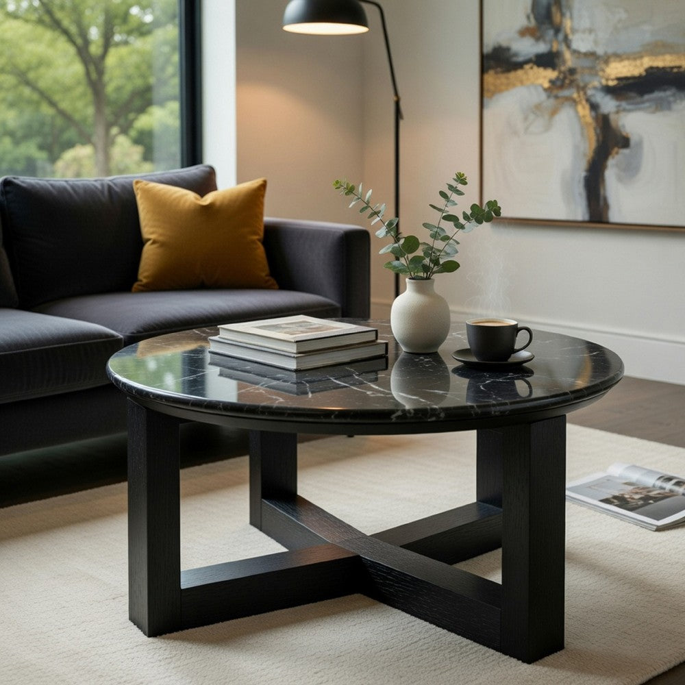 Kia Coffee Table, Round Marble Top, Three Leg Wood Base, Black 24 Inch - BM351833
