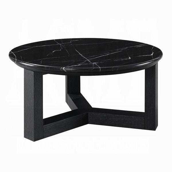 Kia Coffee Table, Round Marble Top and Three Leg Wood Base, Black 32 Inch - BM351834