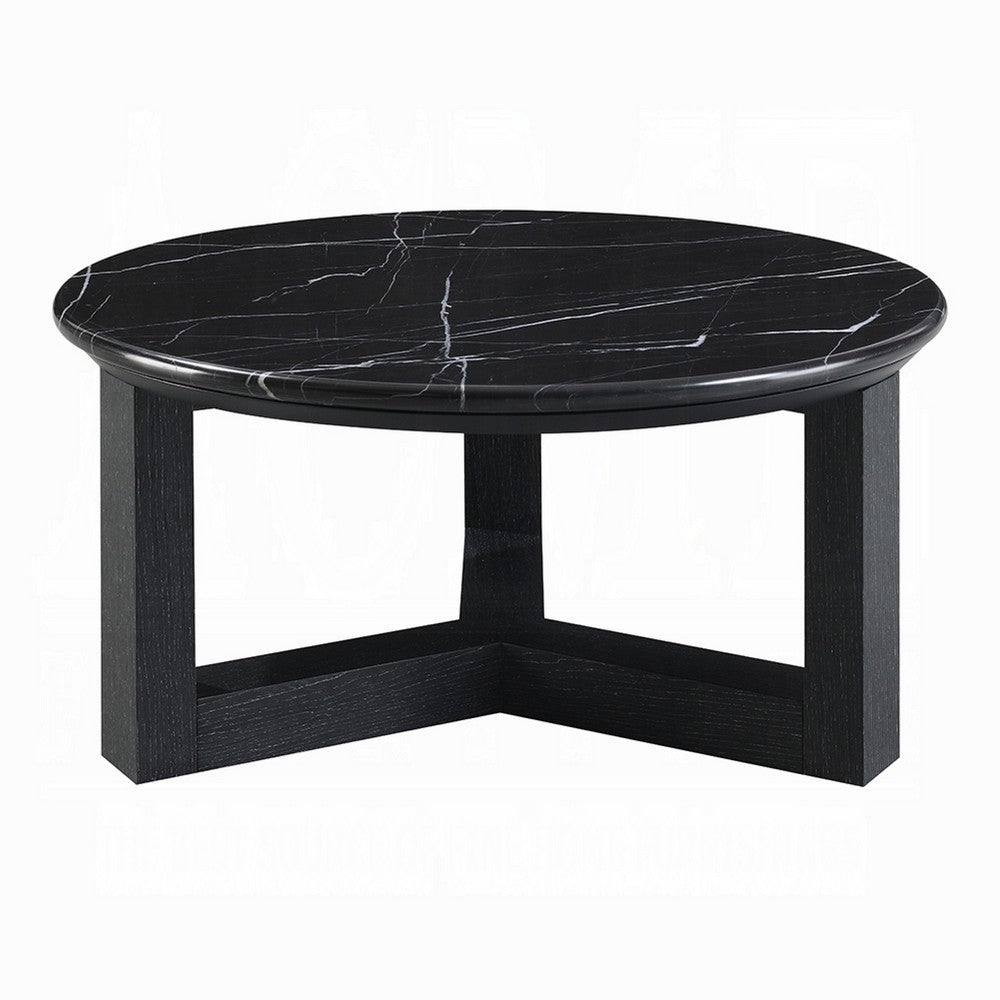 Kia Coffee Table, Round Marble Top and Three Leg Wood Base, Black 32 Inch - BM351834