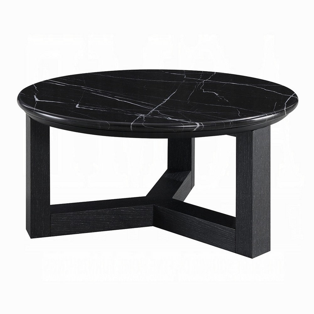 Kia Coffee Table, Round Marble Top and Three Leg Wood Base, Black 32 Inch - BM351834