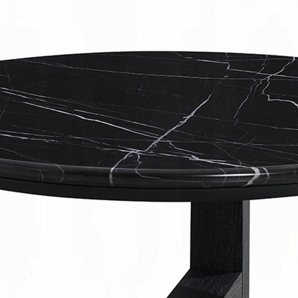 Kia Coffee Table, Round Marble Top and Three Leg Wood Base, Black 32 Inch - BM351834