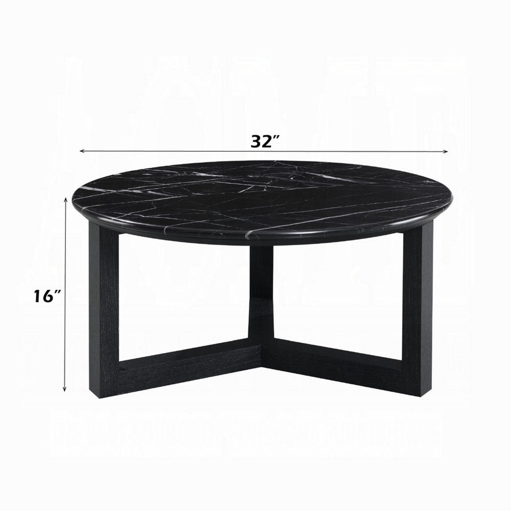 Kia Coffee Table, Round Marble Top and Three Leg Wood Base, Black 32 Inch - BM351834