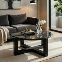 Kia Coffee Table, Round Marble Top and Three Leg Wood Base, Black 32 Inch - BM351834