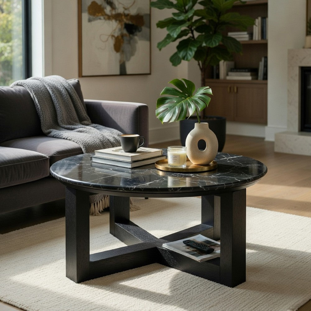 Kia Coffee Table, Round Marble Top and Three Leg Wood Base, Black 32 Inch - BM351834