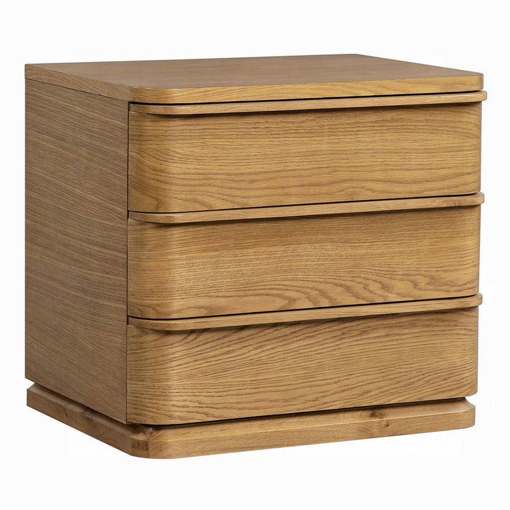 Sery 3 Drawer Nightstand, Minimalist Lip Handles, Oak Brown Wood 26 Inch - BM351837