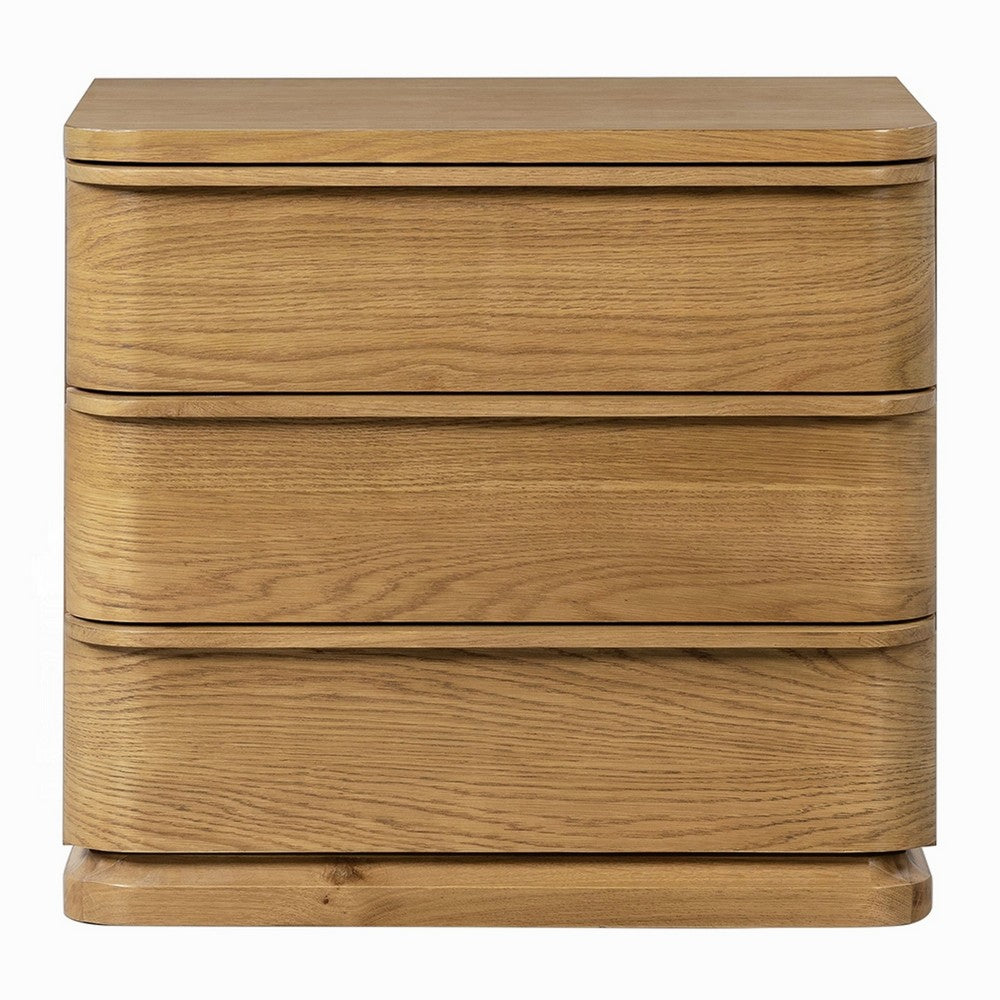 Sery 3 Drawer Nightstand, Minimalist Lip Handles, Oak Brown Wood 26 Inch - BM351837