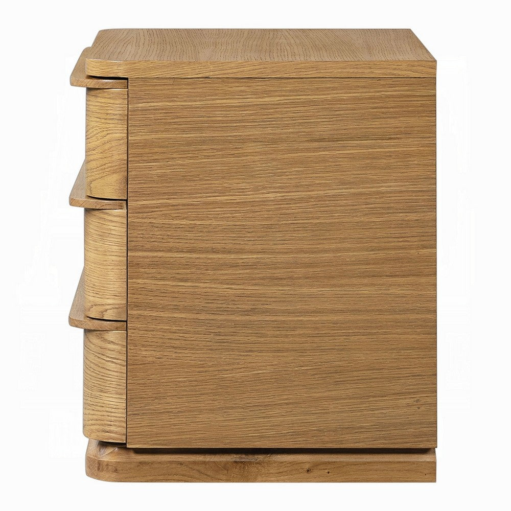 Sery 3 Drawer Nightstand, Minimalist Lip Handles, Oak Brown Wood 26 Inch - BM351837