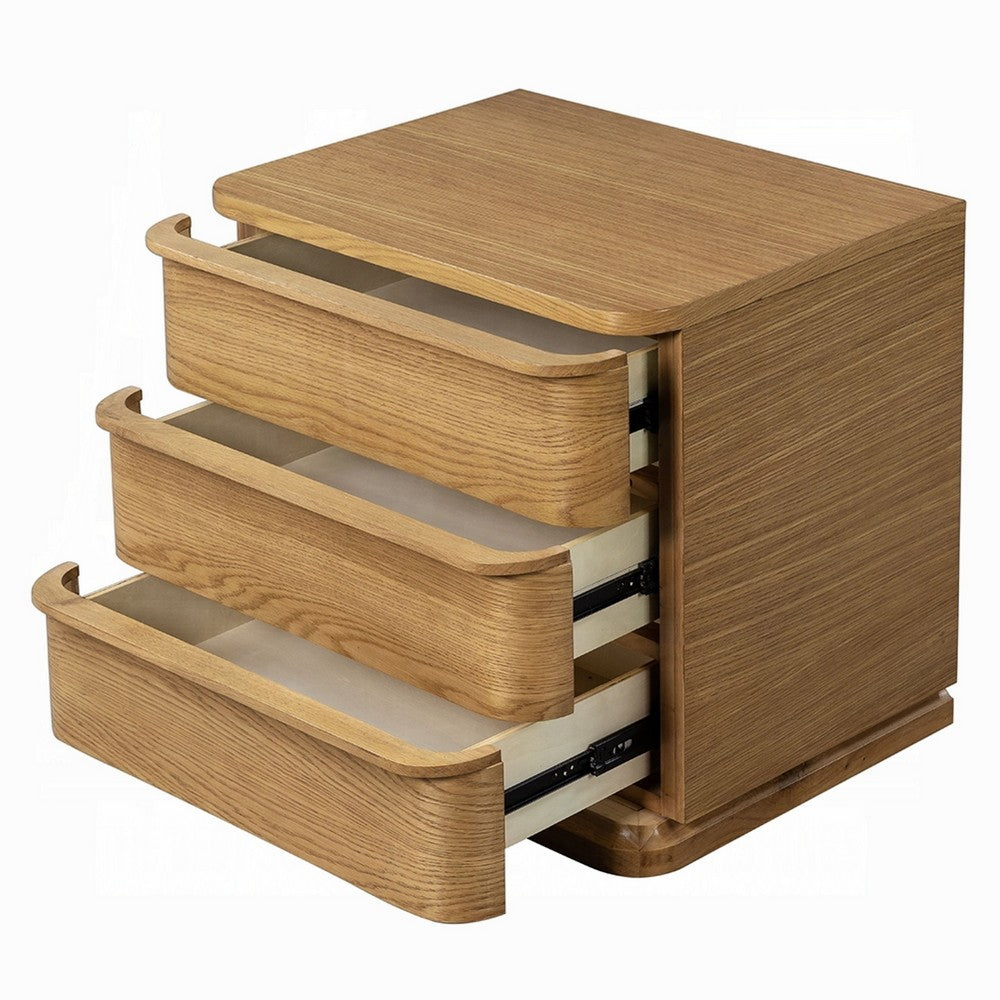 Sery 3 Drawer Nightstand, Minimalist Lip Handles, Oak Brown Wood 26 Inch - BM351837