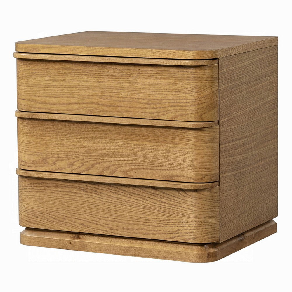 Sery 3 Drawer Nightstand, Minimalist Lip Handles, Oak Brown Wood 26 Inch - BM351837