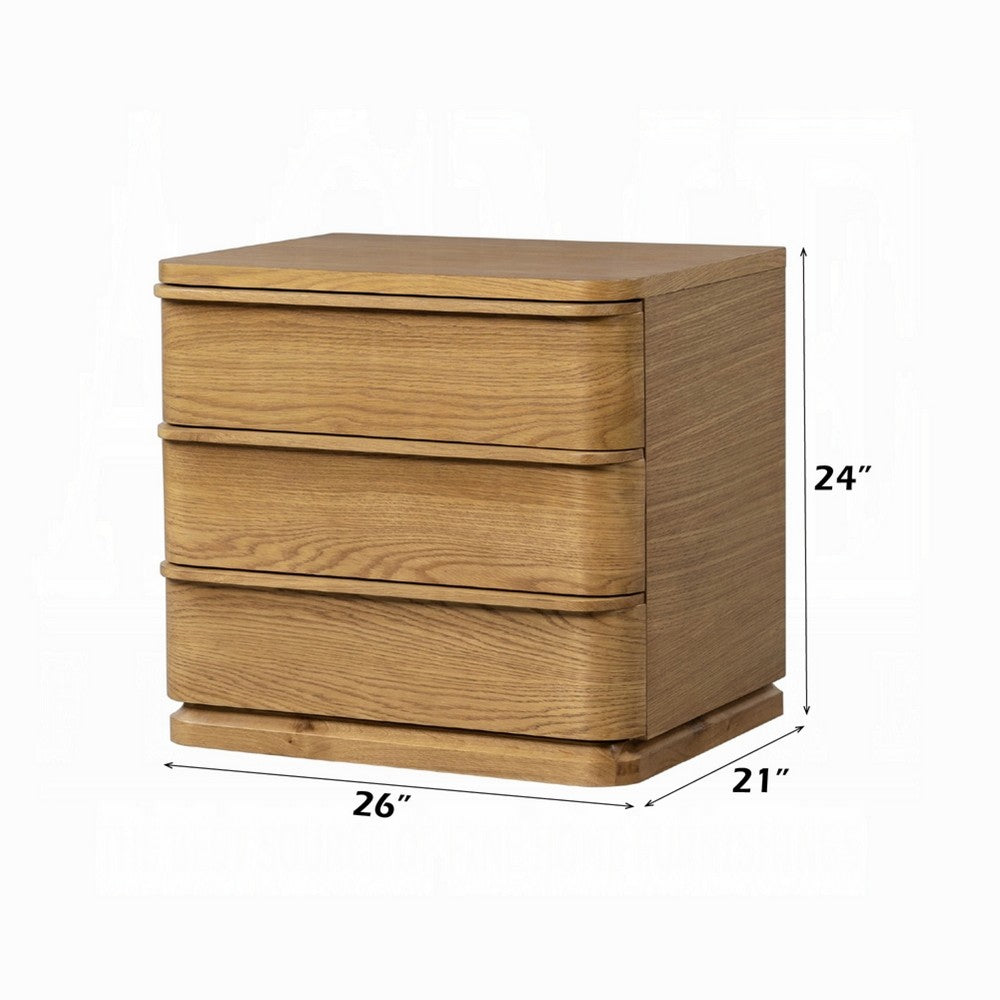 Sery 3 Drawer Nightstand, Minimalist Lip Handles, Oak Brown Wood 26 Inch - BM351837