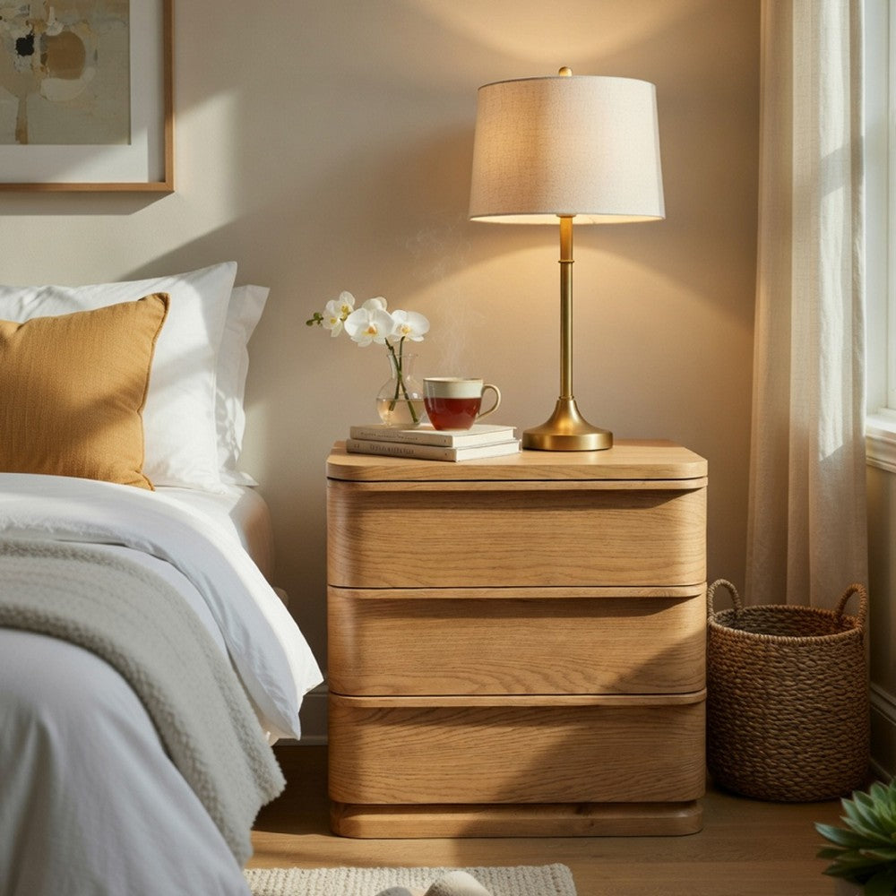 Sery 3 Drawer Nightstand, Minimalist Lip Handles, Oak Brown Wood 26 Inch - BM351837
