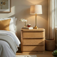 Sery 3 Drawer Nightstand, Minimalist Lip Handles, Oak Brown Wood 26 Inch - BM351837