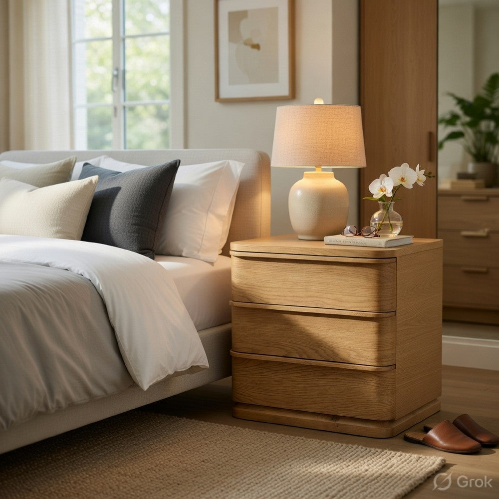 Sery 3 Drawer Nightstand, Minimalist Lip Handles, Oak Brown Wood 26 Inch - BM351837