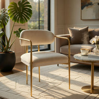 Ayan Accent Club Chair Set of 2, Curved Foam Fill Beige Chenille, Gold Metal - BM351840