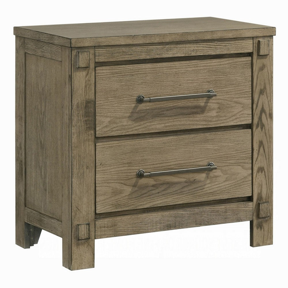 Cera Nightstand, 2 Drawers Bronze Handles, Antique White Oak Tone Wood - BM351841