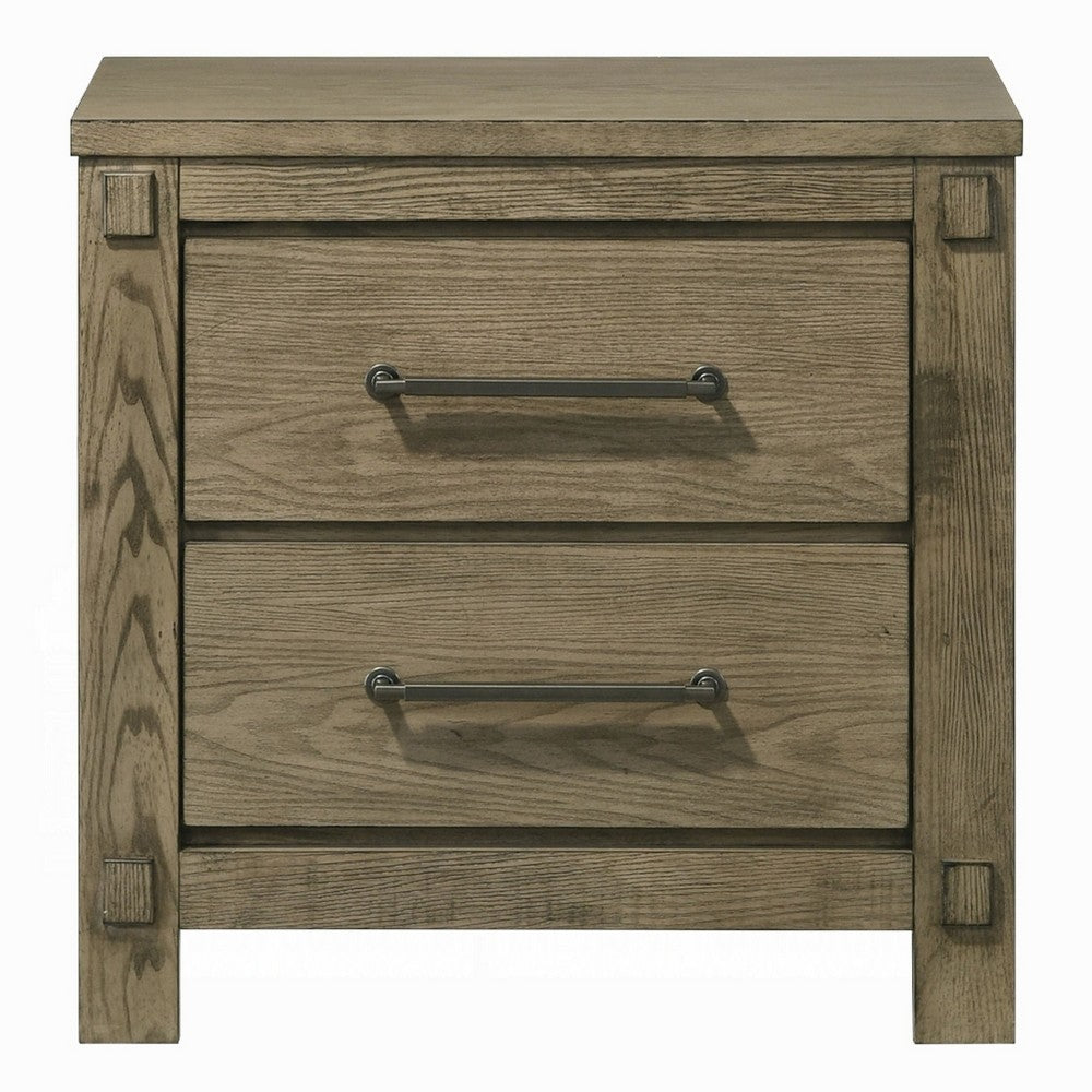 Cera Nightstand, 2 Drawers Bronze Handles, Antique White Oak Tone Wood - BM351841