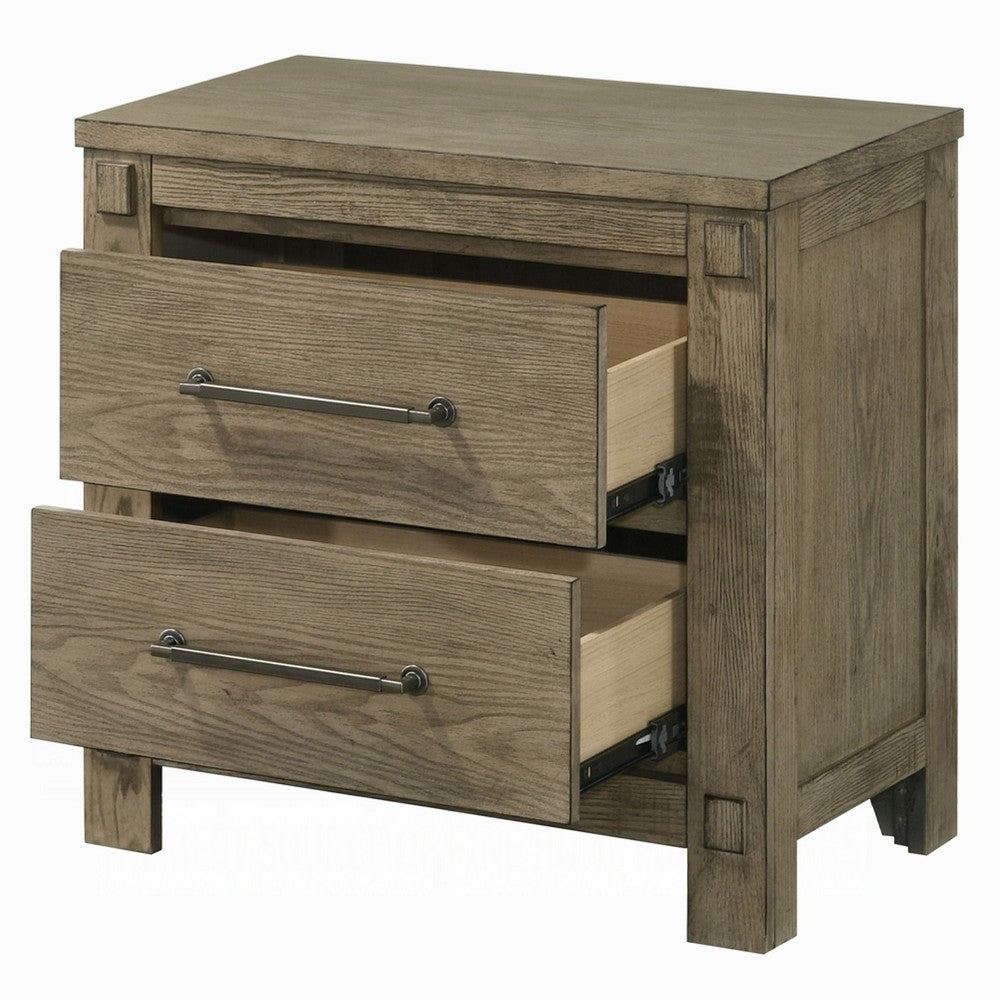 Cera Nightstand, 2 Drawers Bronze Handles, Antique White Oak Tone Wood - BM351841