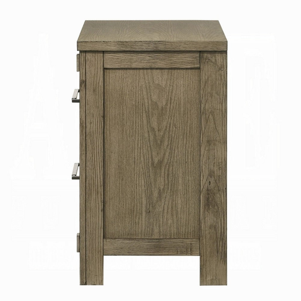 Cera Nightstand, 2 Drawers Bronze Handles, Antique White Oak Tone Wood - BM351841